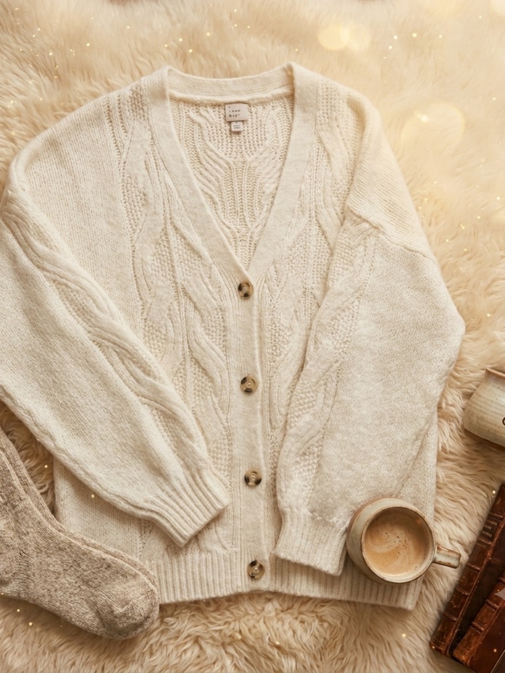 A New Day XL Cream Cable Knit Cardigan | Oversized Cozy Cottagecore Grandpa Chic - Picture 9 of 9